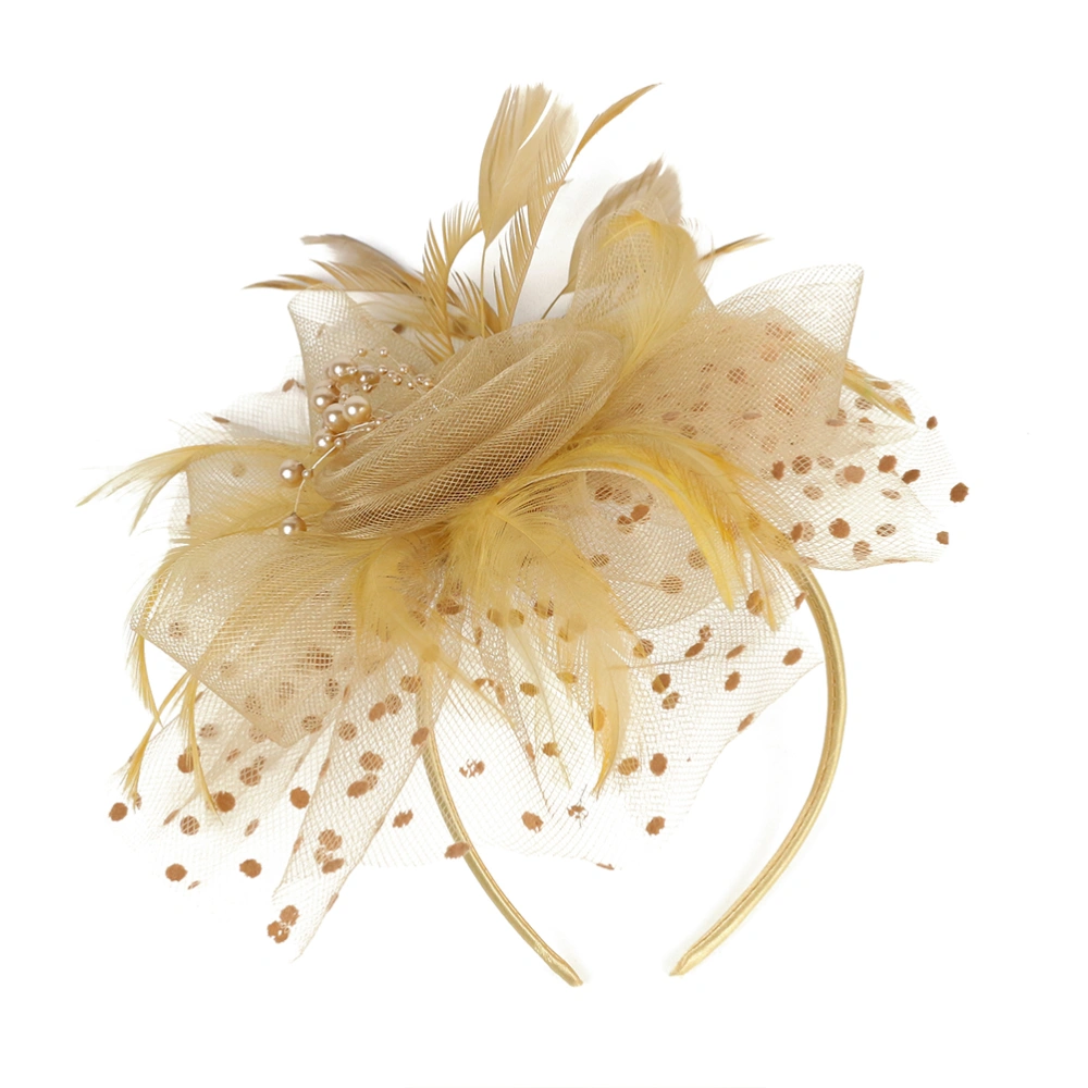 Gauze Feather Headdress Creative Bead Flower Hair Band Bridal Photo Prop Hair (Golden)