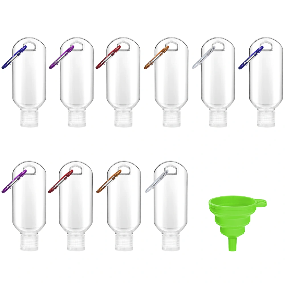 Cabilock Travel Bottle Set Clear Keychain Bottle Kit with 10pcs 50ml Bottles 10 Hanging Hooks and 1 Funnel Refillable Containers with for Taveling Camping and Mountaineering