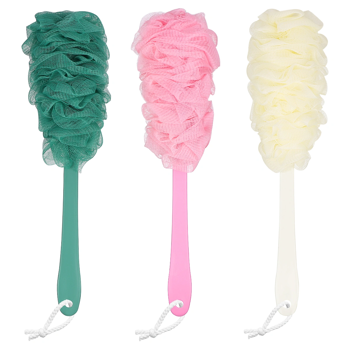 FRCOLOR 3pcs Long Handle Bath Brush Comfort Back Scrubber Bathroom Accessories (Blue, White and Pink)