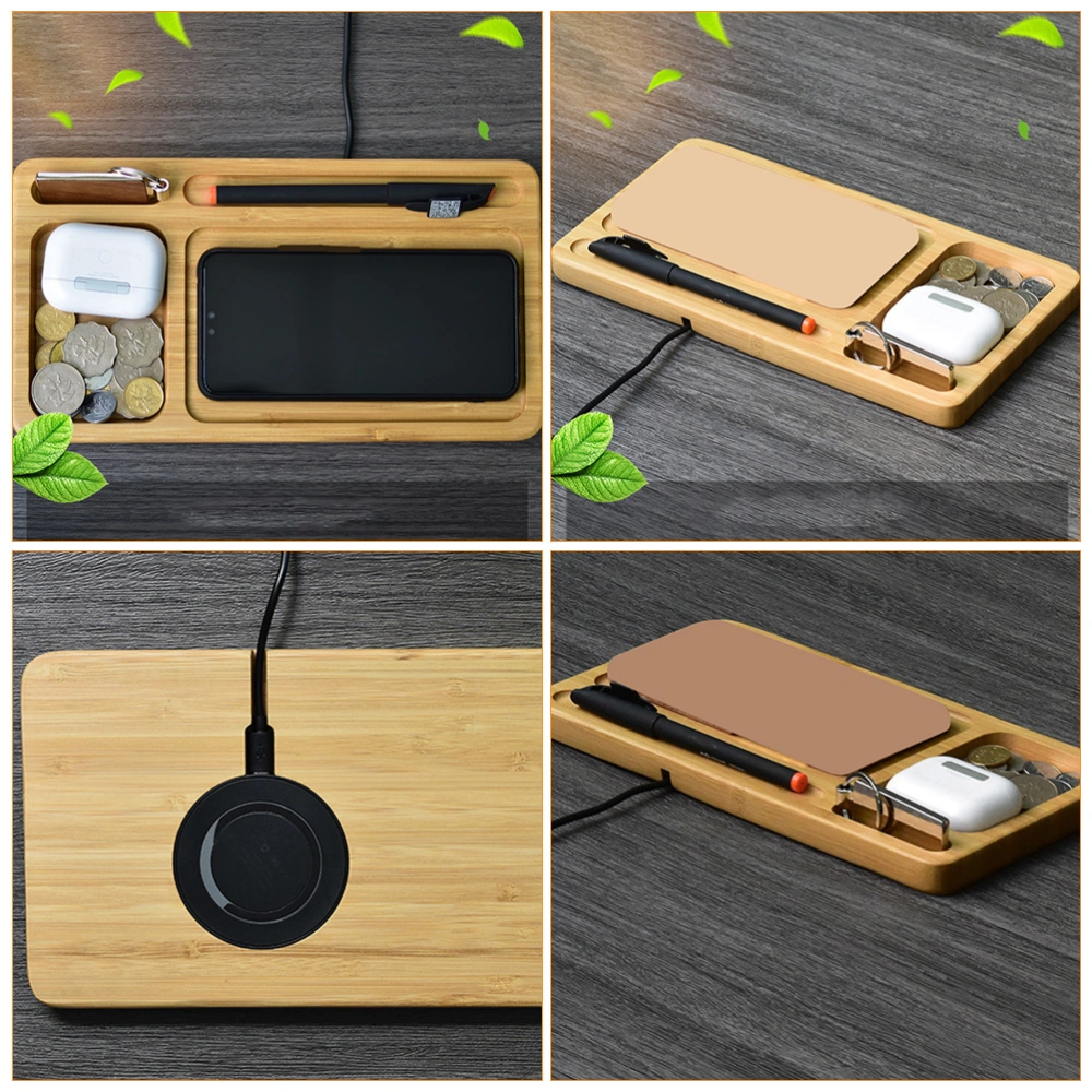 2 in 1 Simple Desktop Organizer Storage Tray Creative Wireless Charger (Khaki)