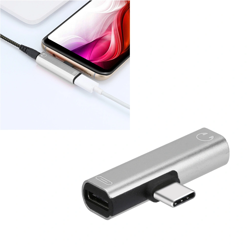 3.5mm to Type-C Earphone Adapter Type C 2 in 1 Audio Stereo Earphone Converter (Silver)