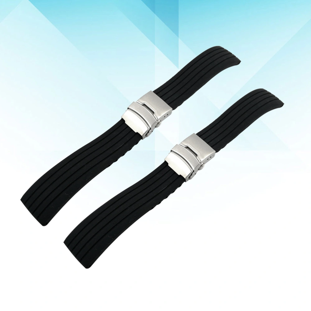 2pcs Silicone Watch Belt Watch Replacement Strap Watch Wristband Waterproof Foldable Stripes Design (Black 18mm)