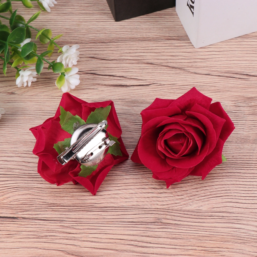 Red Cloth Rose Hairpin Artificial Flower Brooch Bridal Hair Accessaries for Holiday Performance Party