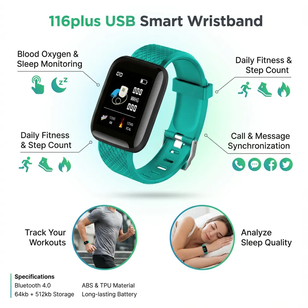 116plus USB Smart Wristband Blood Oxygen Sleep Monitor Daily Fitness Alarm Smart Band Bracelet Call Information Synchronization (Green)