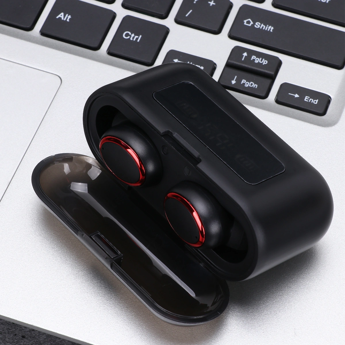 1PC 2200mAh Wireless Earphone IPX7 Waterproof Wireless Headset Noise Reduction Wireless Earphones Intelligent Screen Display Headset for Home Office Outdoor (Black Red Circle)