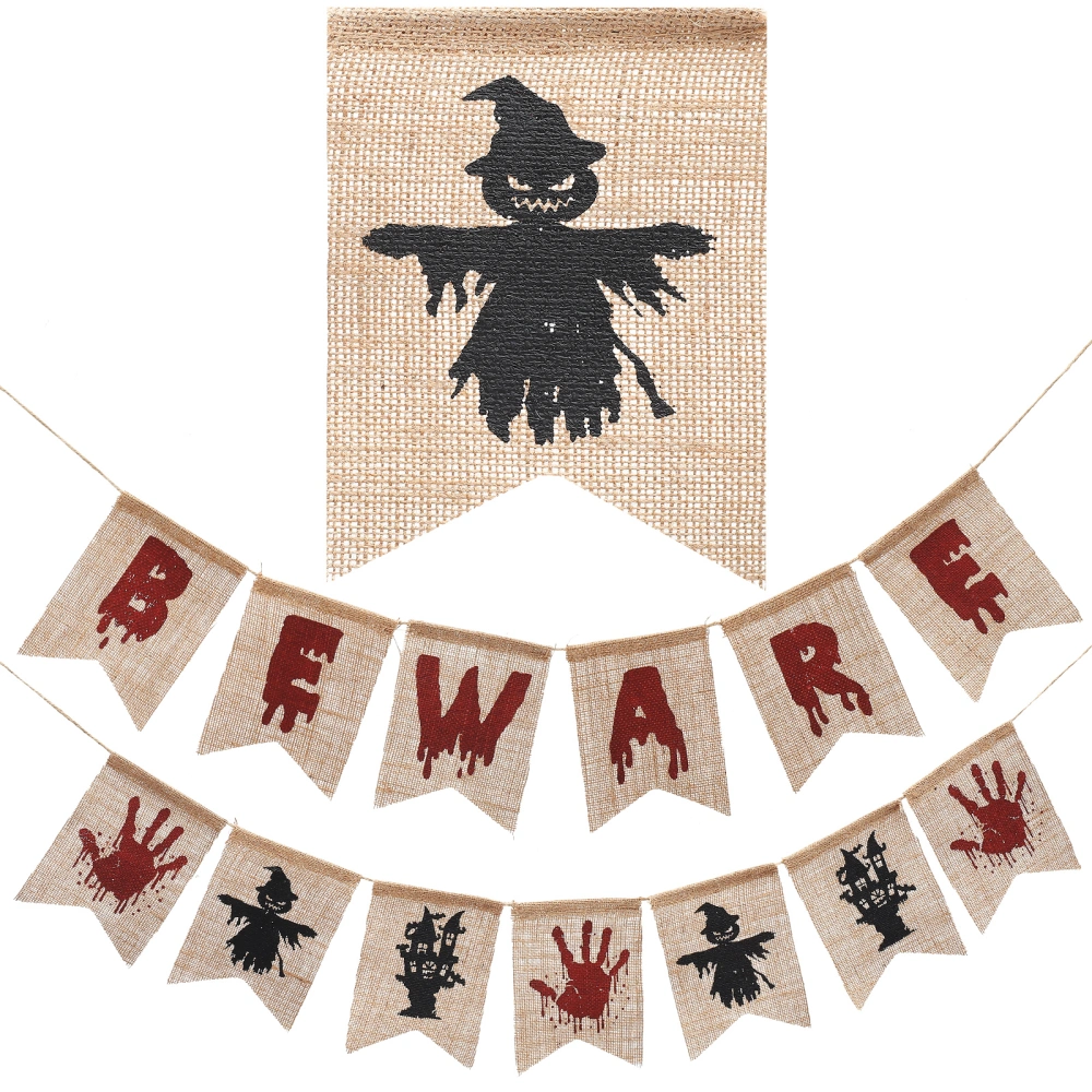 1 Set of Halloween Burlap Banner Scary Bloody Banner Ghost Castle Blood Handprint Banner