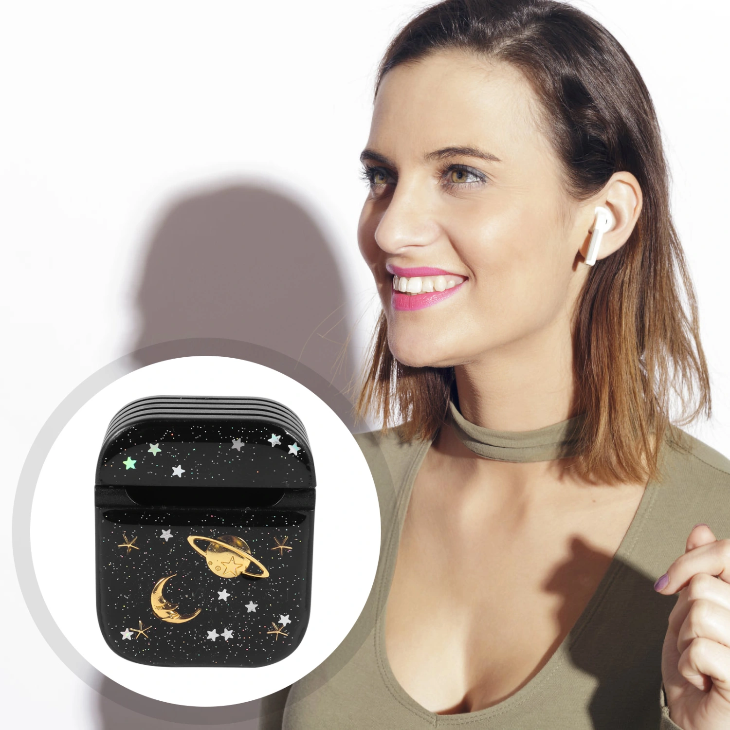 1pc Metal Moon Star Earphone Storage Box Cover Compatible with Apple Airpods