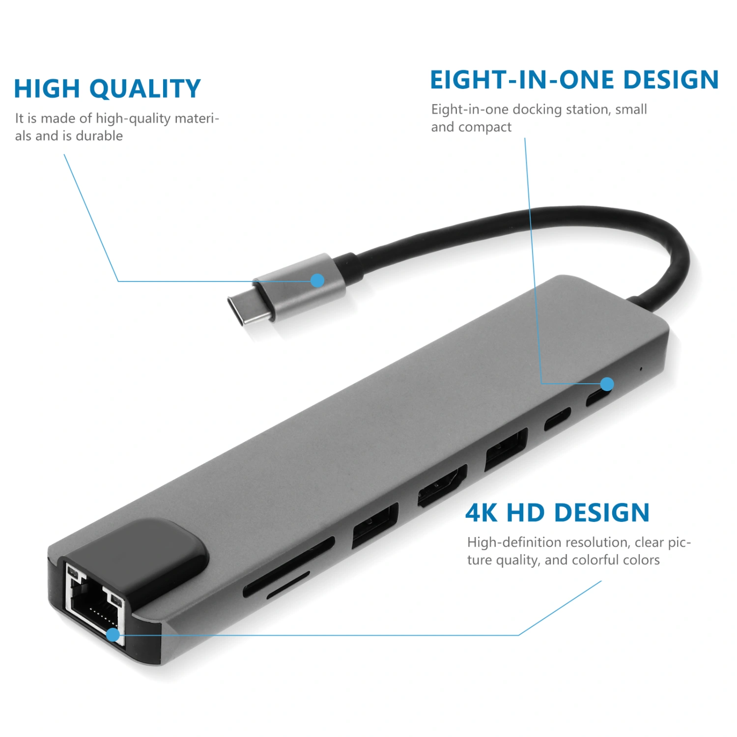 1Pc Type C Hub USB Hub Dock Station 8-in-1 Phone Computer Laptop Converter