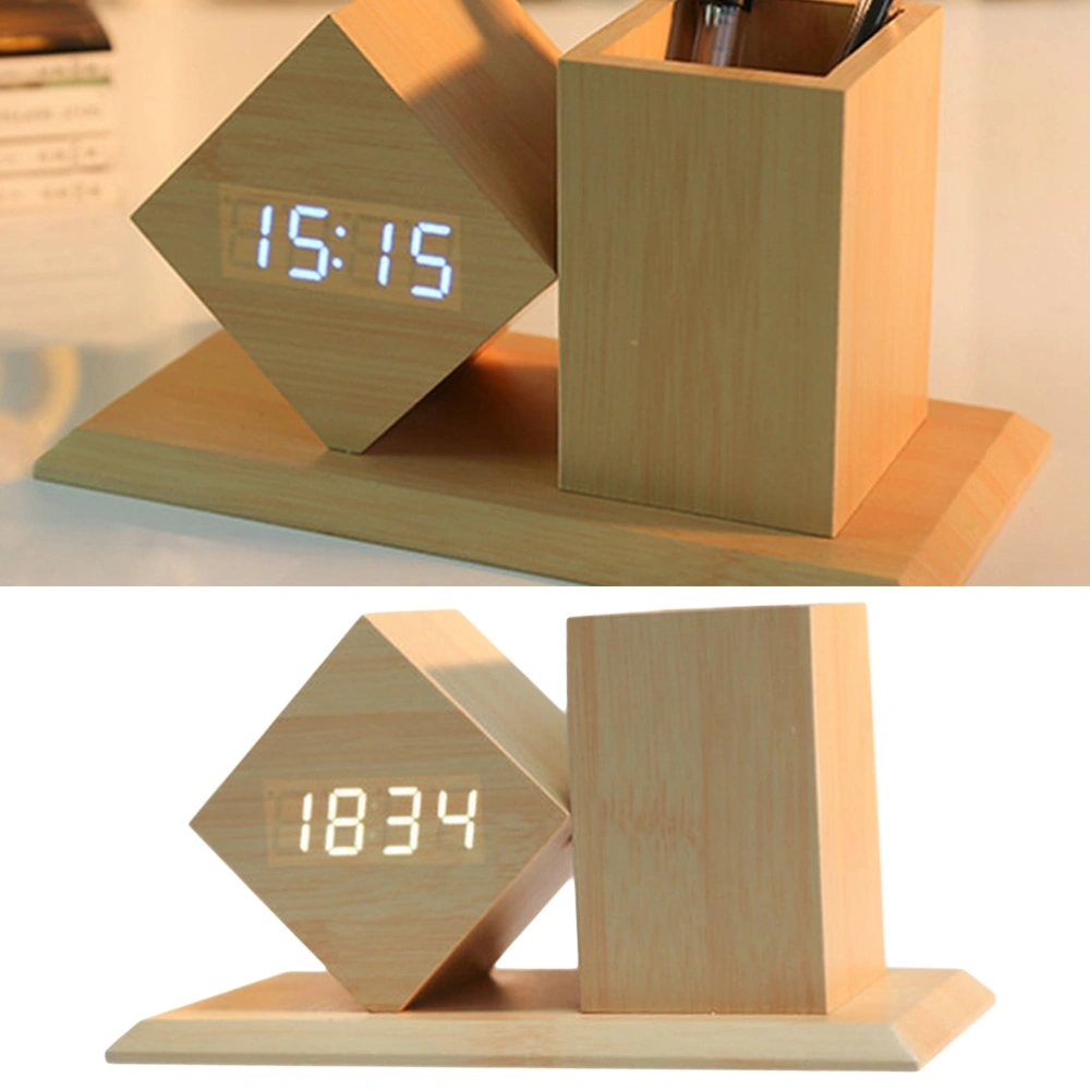 Fashion Desktop Digital Wooden LED Alarm Clock with Sounds Control Temperature Pen Holder - Random Display Color