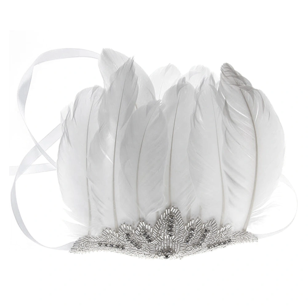 Children Feather Rhinestone Crown Headband Hair Band Headdress Festival Stage Performance Props (White)