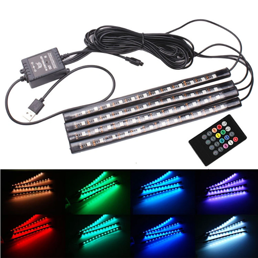 USB Car Atmosphere Lamp 7 Colors Strip Light Sound Controlled LED Lamp Car Interior Music Light (4 Strip Lights 48 LEDs)