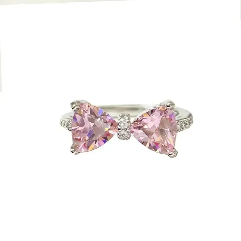 Ins Light Luxury Temperament Pink Zircon Bow Tie Women's Adjustable Ring