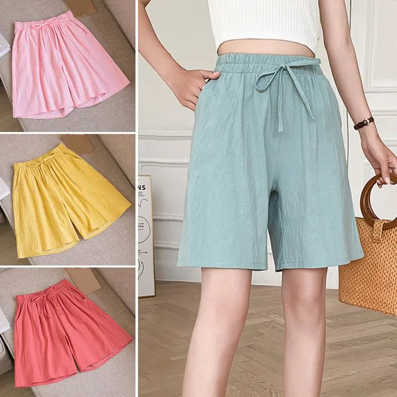 Women Solid Color Elastic Waist Shorts Drawstring Wide Leg Pants Summer Cotton Linen Beach Shorts