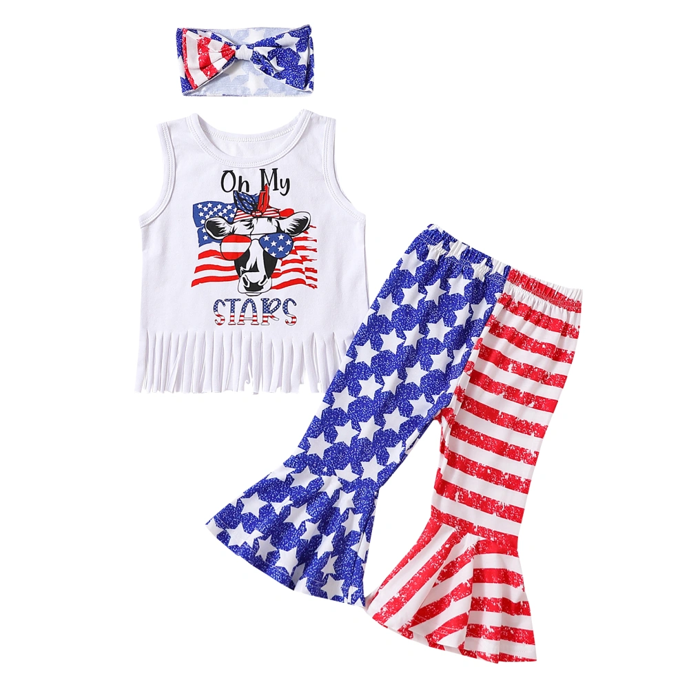 Independence Day Kids Girls Clothes Suits Letter Print Tassel Hem Tank Tops Stripe Stars Print Flare Pants Headband 3Pcs Set