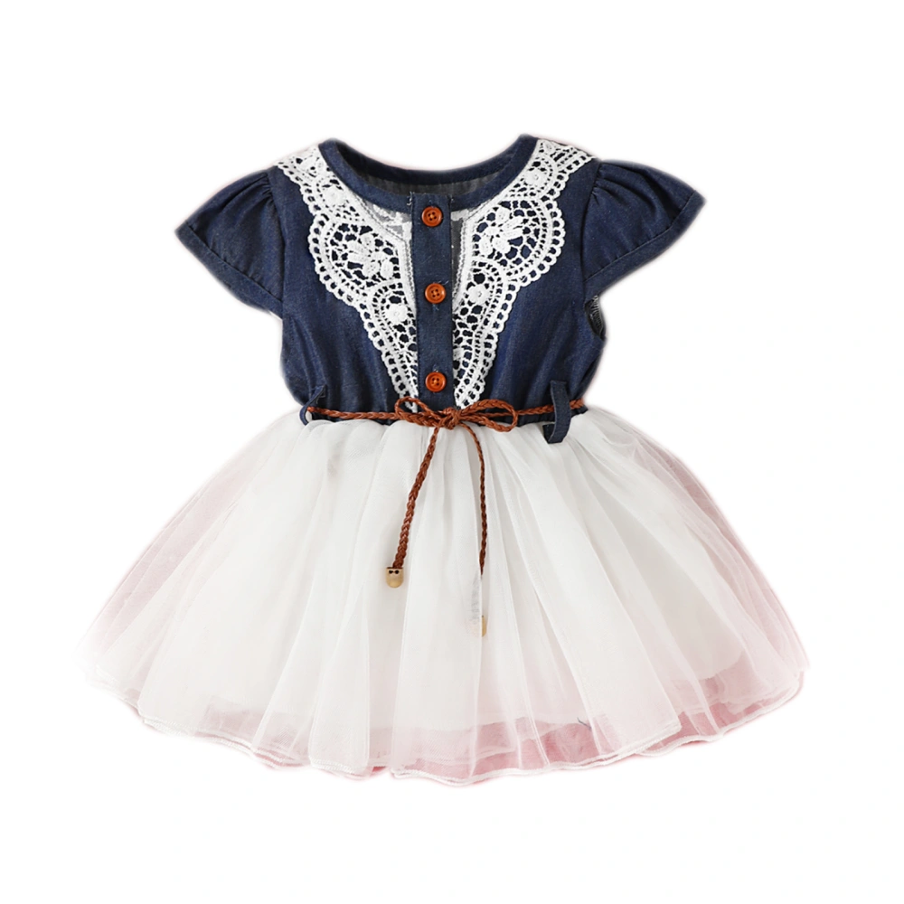 Toddler Girls Summer A-line Dress Short Sleeve O Neck Lace Floral Tulle Patchwork Dress with Belt