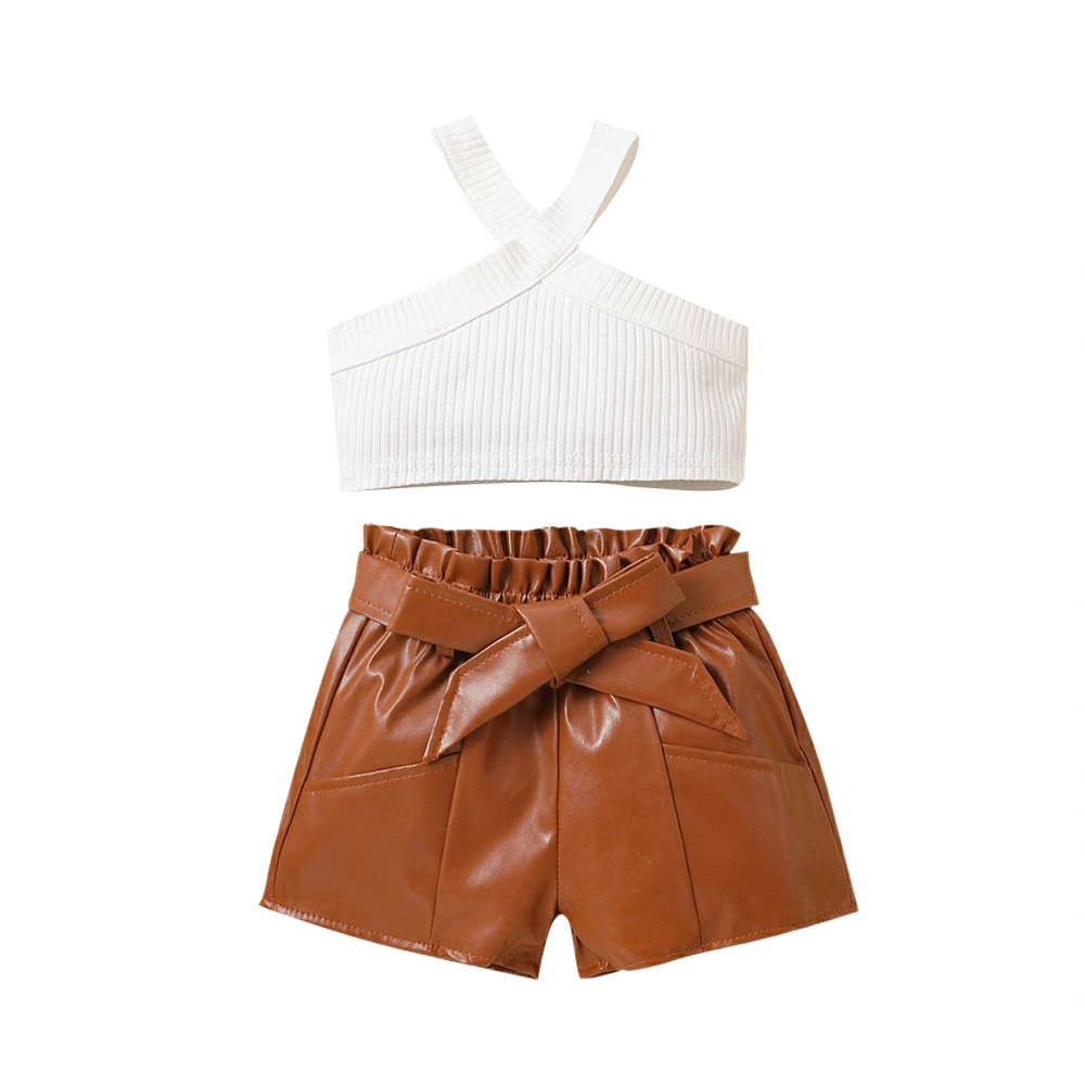 Kids Girls Shorts Set, Sleeveless Camisole with Elastic Waist PU Leather Shorts and Belt Summer Outfit