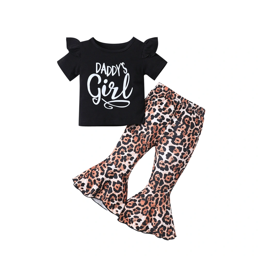 Kid Girls Pants Set, Short Sleeve Crew Neck Letters Print T-shirt with Leopard Print Flare Pants