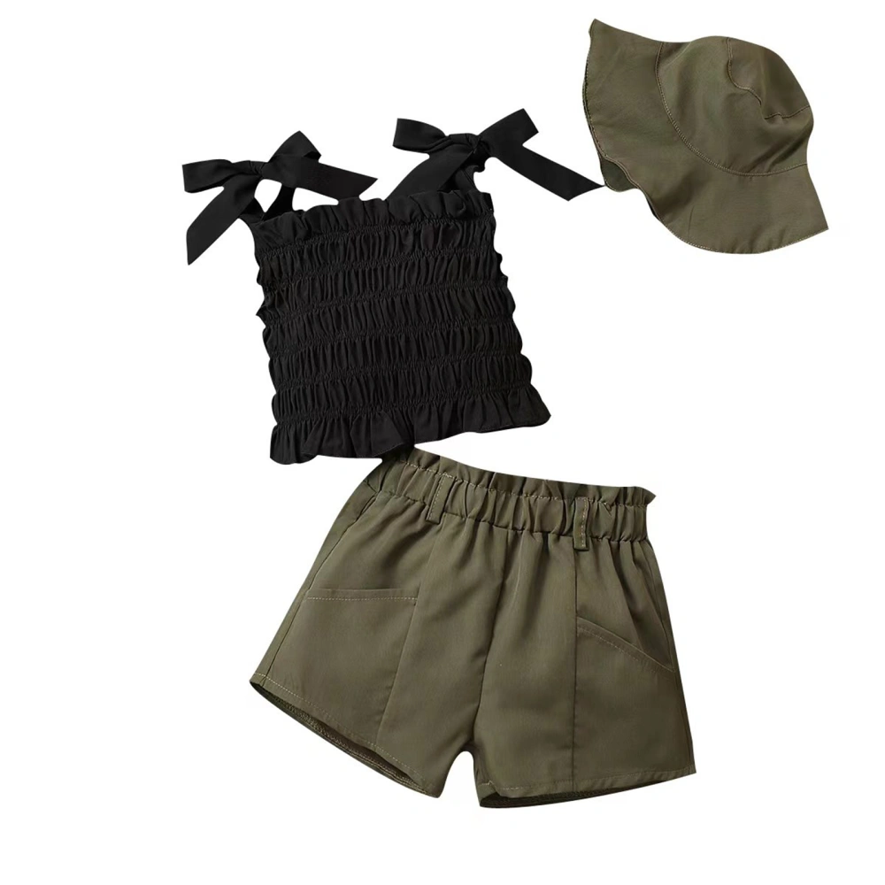 Kids Girls Summer Clothes Outfits Solid Color Tie-Up Straps Frills Sleeveless Sling Tank Tops Shorts Fisherman Hat 3Pcs Suit