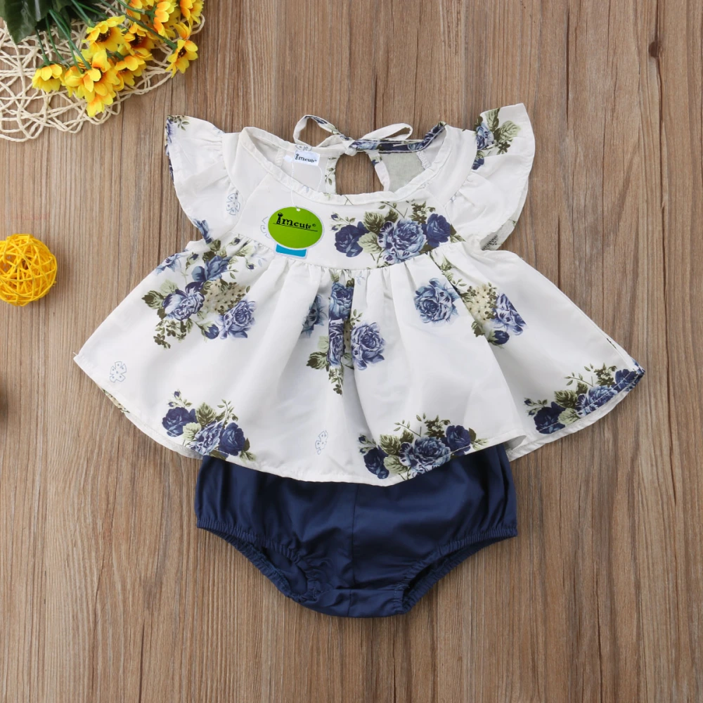 2 Pcs/Set Infant Baby Girls Clothing Flying Sleeves Floral Tops Dress + Short Bloomers