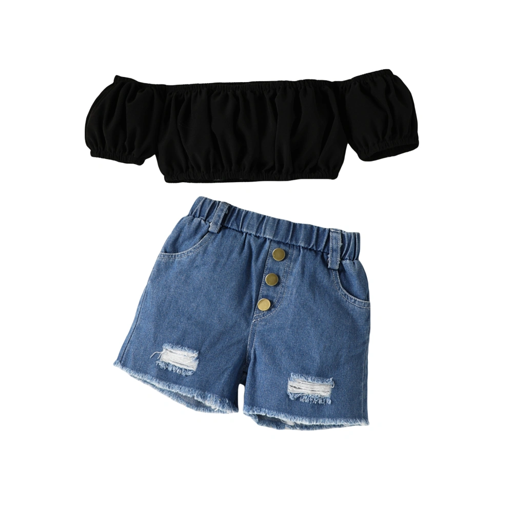 Girls Pants Suit, Short Sleeve Boat Neckline Crop Tops + Denim Solid Color Buttons Shorts