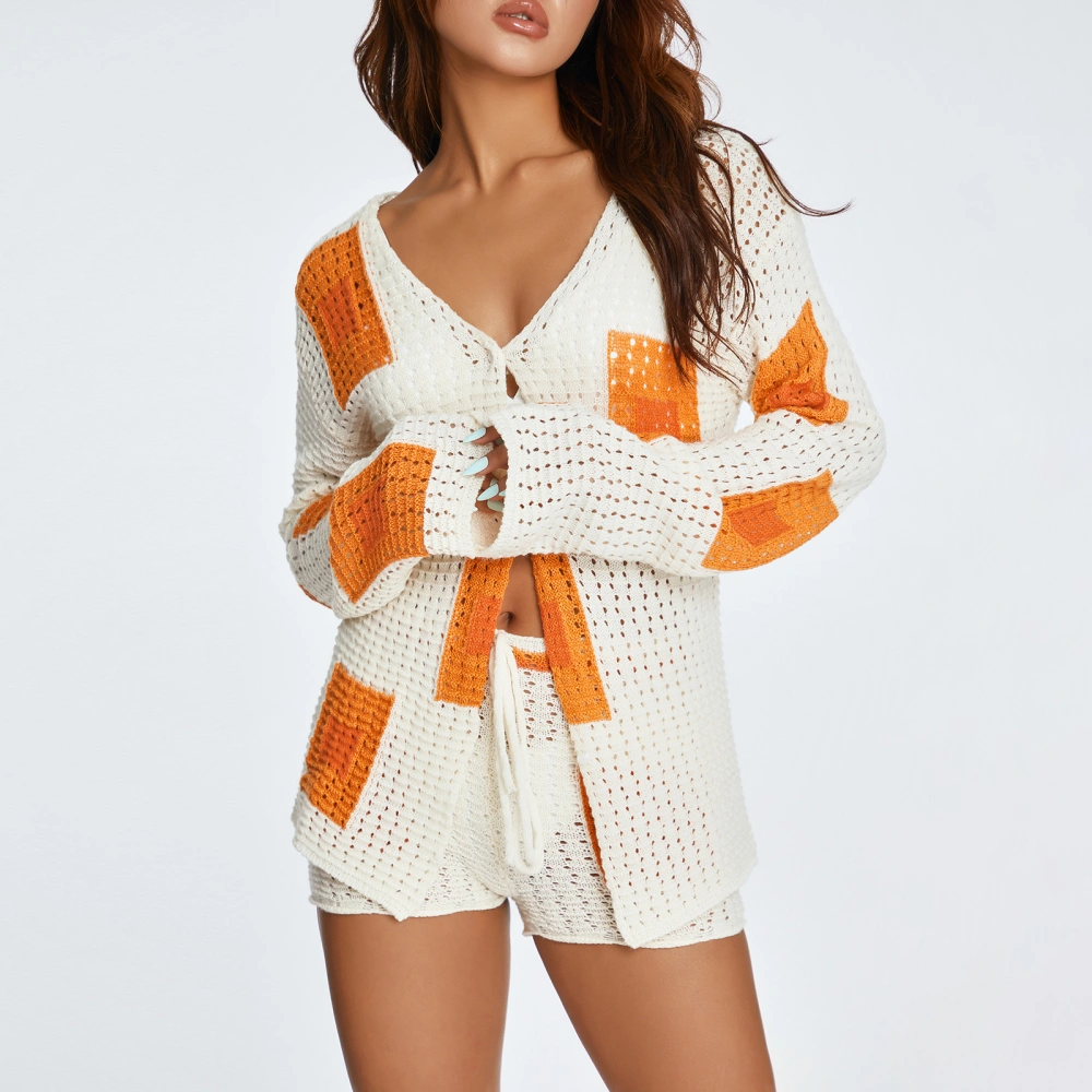 Women Casual Suit, Color-Contrast Block Printed Long Sleeve Cardigan Tops+High Waist Short Pants