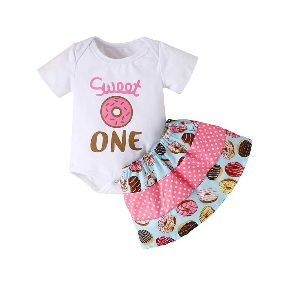 Baby Girls Summer Outfit Sets White Short Sleeve Letter Print Romper + Donut Print Skirt