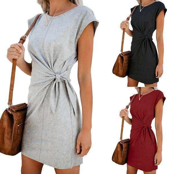 New Fashion Women Loose Round Neck Dress Short Sleeve Solid Color Casual Dress