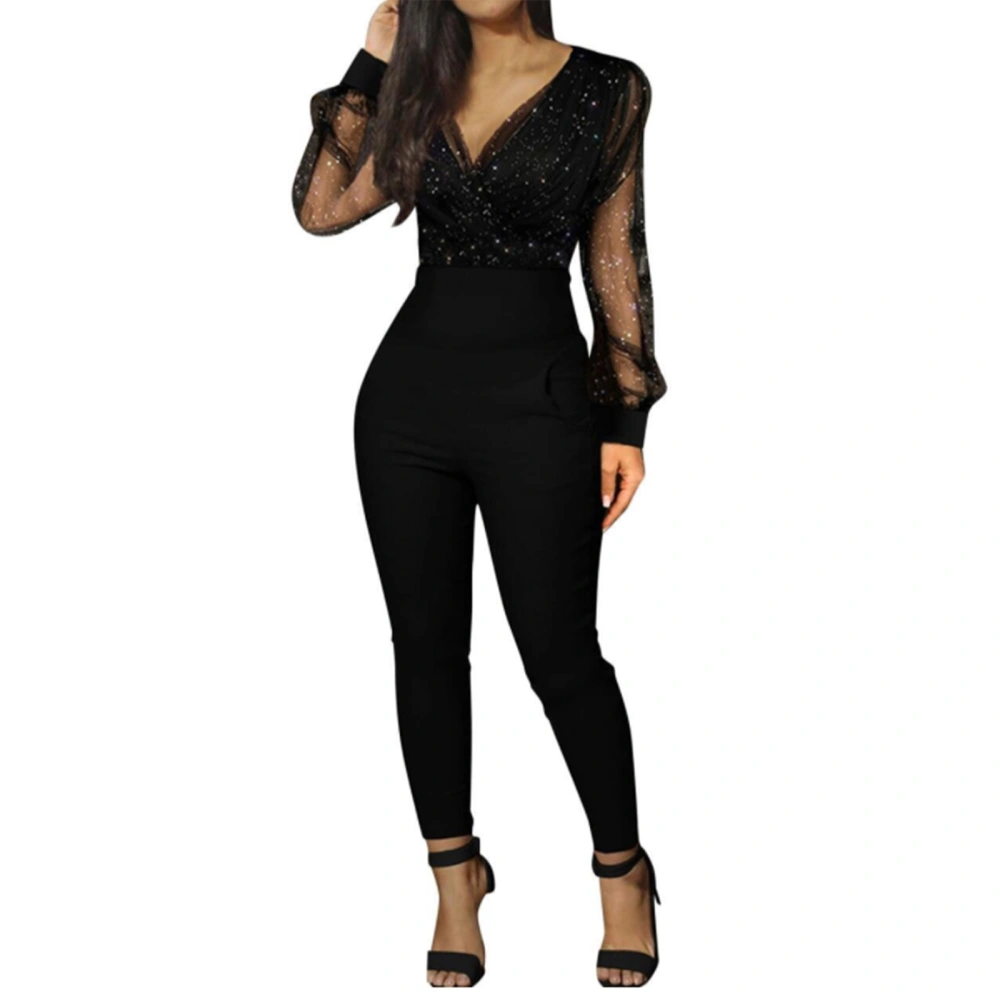 Women Jumpsuit, Long Sleeve V-neck Sequins Slim Long Pants for Casual Party Club