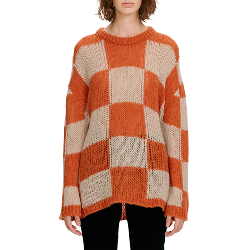 Women Color Block Sweater, Adults Loose Long Sleeve Round Neck Knit Plaid Pullover