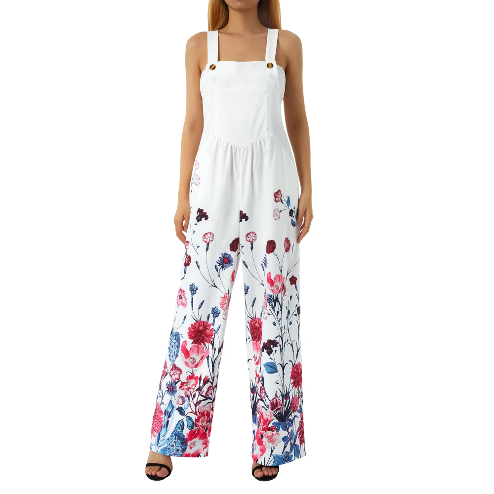 Women Casual Bodysuit, Floral Printed Wide Leg Sleeveless Loose Sling Long Jumpsuit