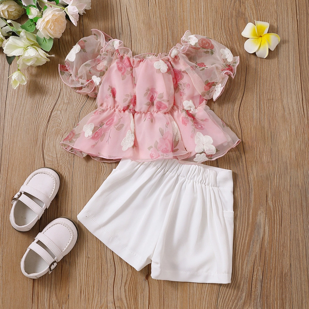 Kids Girls Pants Suit, Casual Street Party Short Sleeve Boat Neck Floral Shirt + Short Pants Suit