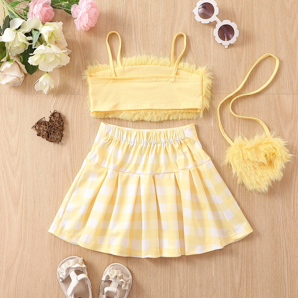 Kids Girl Summer Outfit Casual Plush Sleeveless Camisole Elastic Plaid Pleated Skirt with Crossbody Bag Set for Toddler