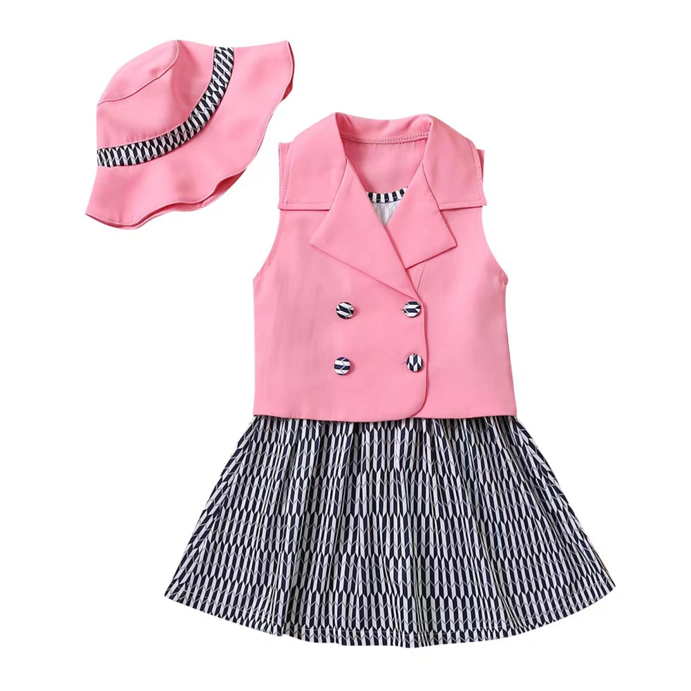 Toddler Girls Summer Outfit Sets Sleeveless Gilets + Sleeveless Geometric Pattern Print Dress + Hat