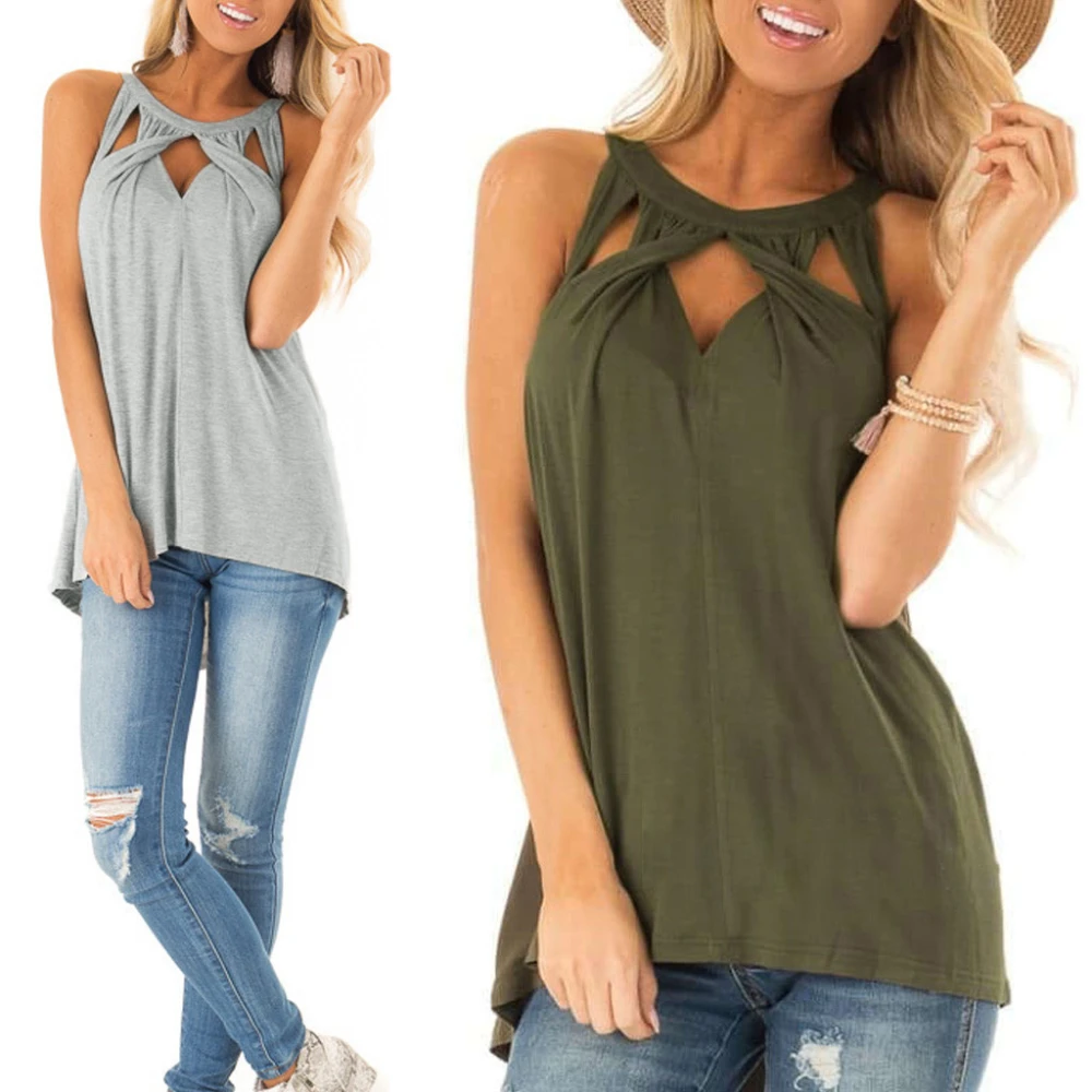 Women Casual Tank Tops Hollow Out Cross Tee Shirt Summer Sleeveless Halter Loose Tunic Tops Vest