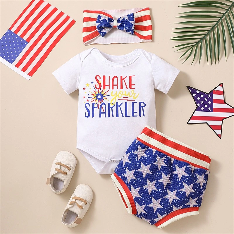 Baby Girls Fourth of July Outfits Short Sleeve Firework Letter Print Romper + Shorts + Headband Set