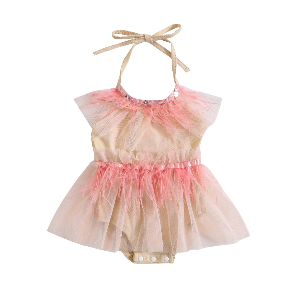 Baby Girls Romper, Tie-up Halterneck Backless Feather Tulle Patchwork A-line Dress for 0-18 Months