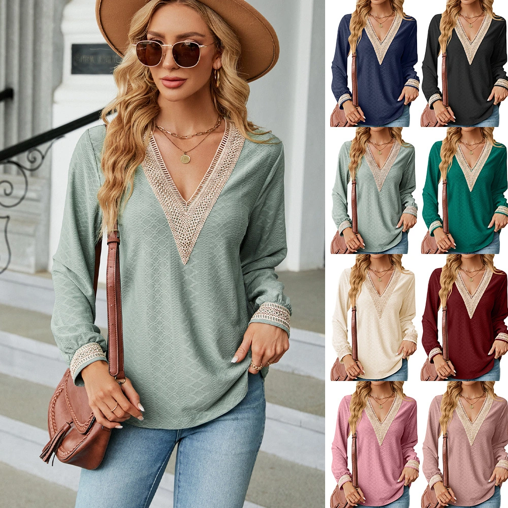 Women Casual Autumn Shirts Plus Size Fashion Clothes Women's Long Sleeve Blouses Loose Ladies Solid Color V-neck Top Bohemian Style Lace Tops