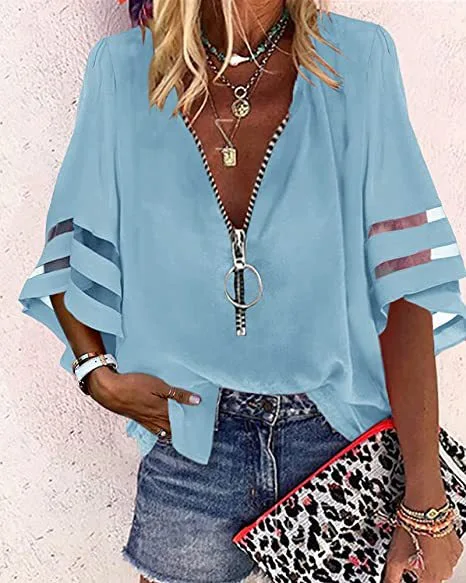 XS-8XL Autumn Tops Plus Size Fashion Clothes Women's Casual Half Sleeve Shirts Zipper Closure Loose Tops Ladies V-neck Patchwork Flare Sleeve Chiffon Blouses