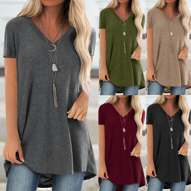 XS-8XL Summer Clothes Women's Fashion Casual Tops V-neck Short Sleeve Shirts Ladies Solid Color Loose Tunic T-shirt Plus Size Cotton Blouses