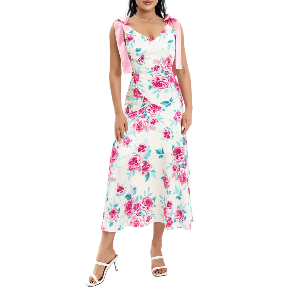 Women Slip Dress, Sleeveless V-neck Tie-up Flower Print Swing Dress Summer Long Dress for Cocktail Party