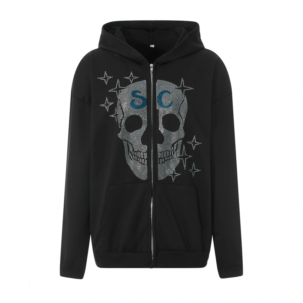 Women Zip Hoodies Gothic Rhinestone Skull Print Long Sleeve Sweatshirt Jacket for Autumn Streetwear