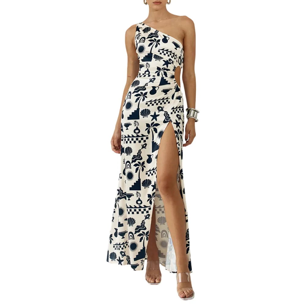 Women Long Dress, One-shoulder Graphic Print Hollowed Slit Dress