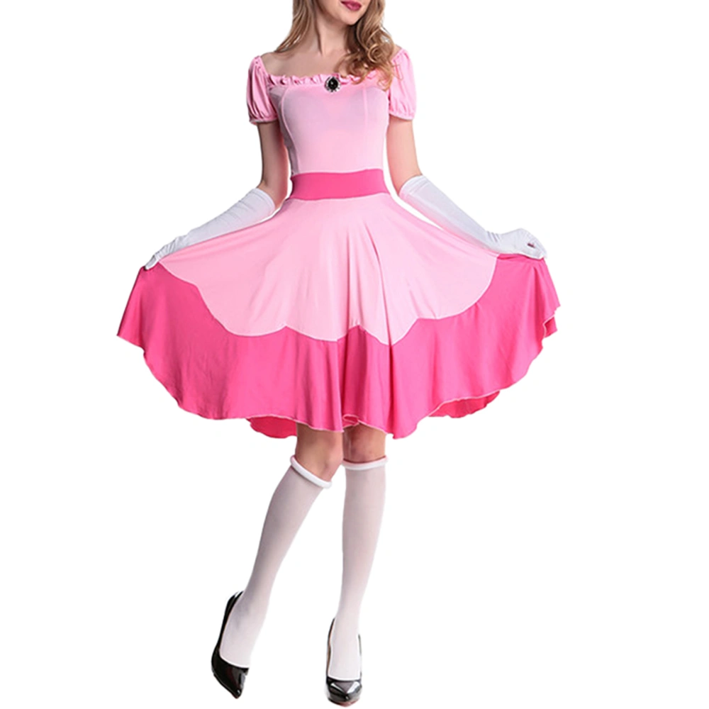 Women Cosplay Costume, Short Sleeve Square Neck Patchwork Princess Dress with Crown and Oversleeves Halloween Outfit