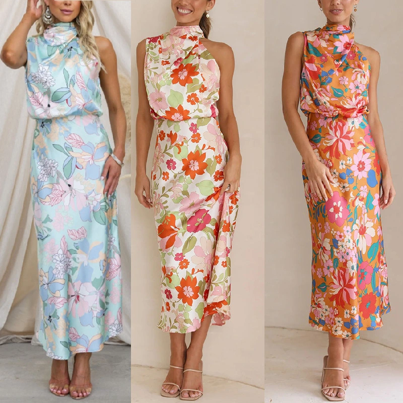 Women's Sleeveless Strap Printing Satin Dress