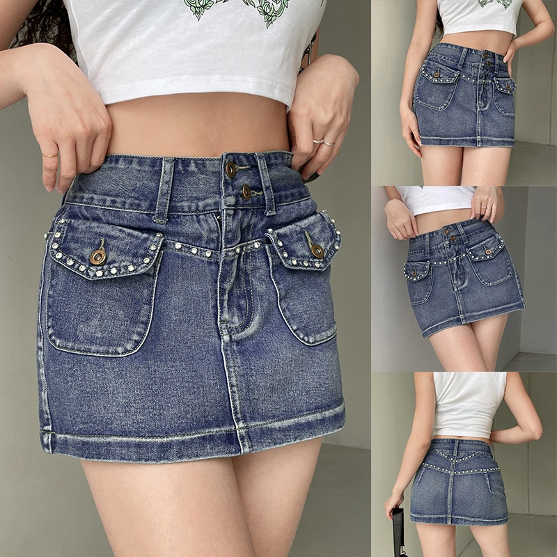 Women Mini Denim Skirts, Rhinestone High Waist Flap Pocket Jean Skirts