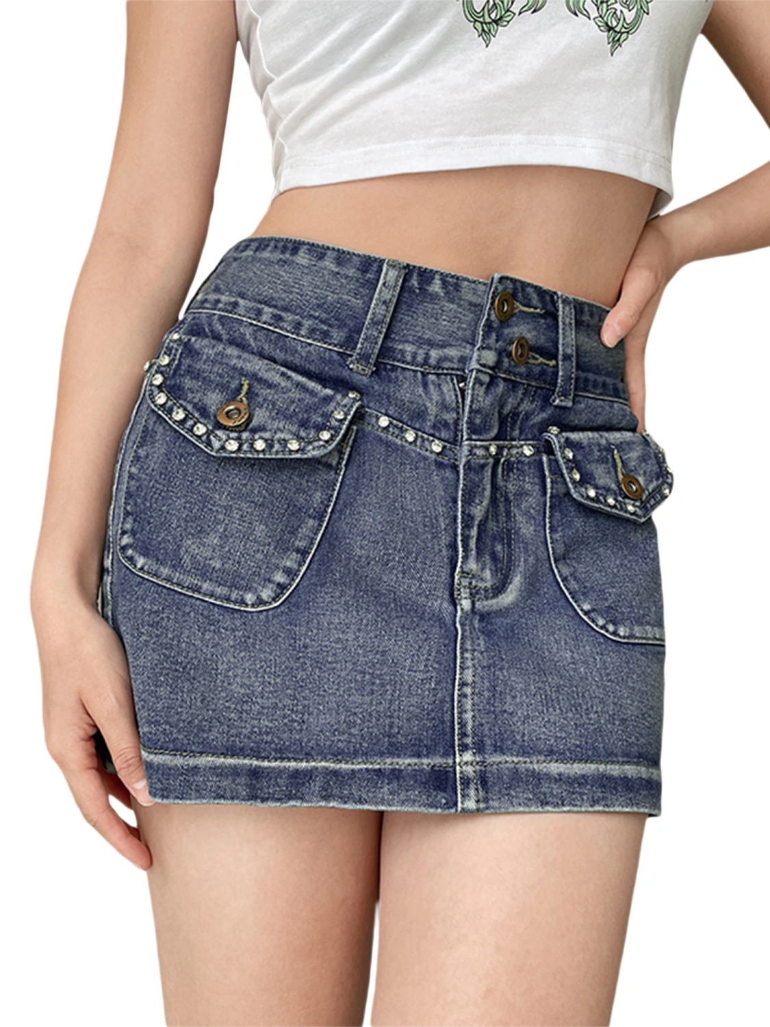 Women Mini Denim Skirts, Rhinestone High Waist Flap Pocket Jean Skirts