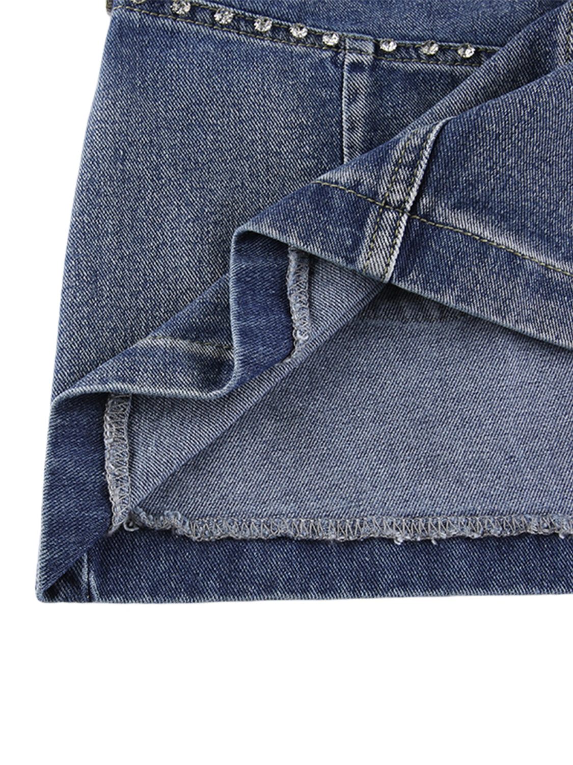 Women Mini Denim Skirts, Rhinestone High Waist Flap Pocket Jean Skirts