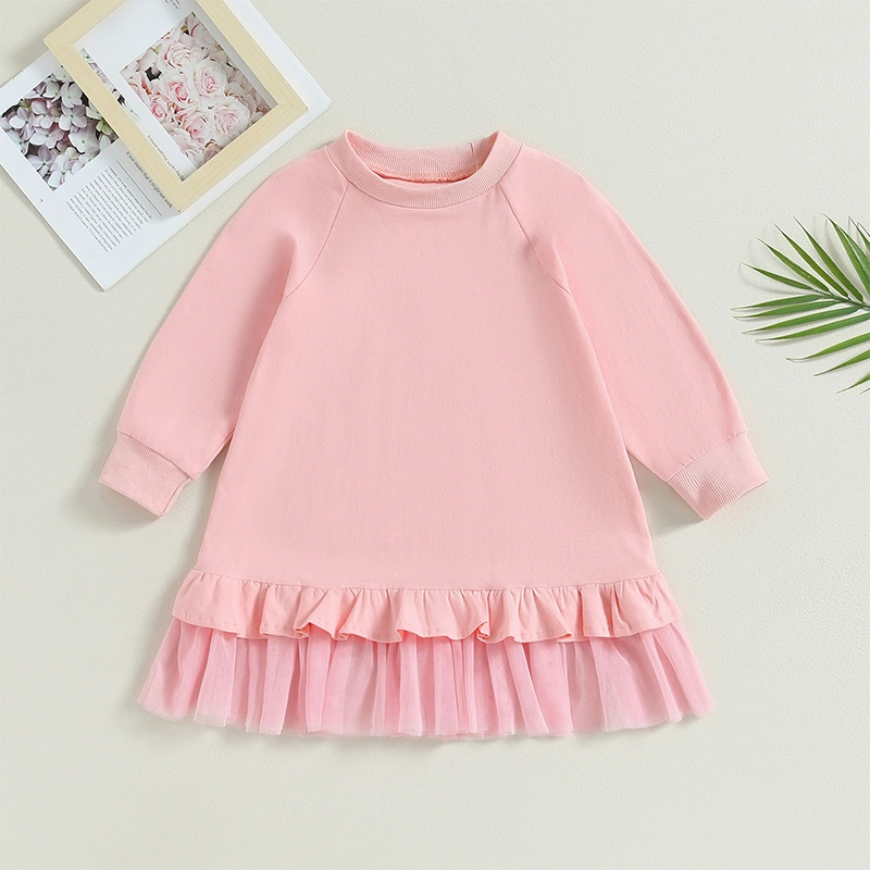 Kid Girl Tulle Patchwork Dress, Solid Color Long Sleeve Round Neck Ruffled Hem A-Line Dress for Spring Autumn