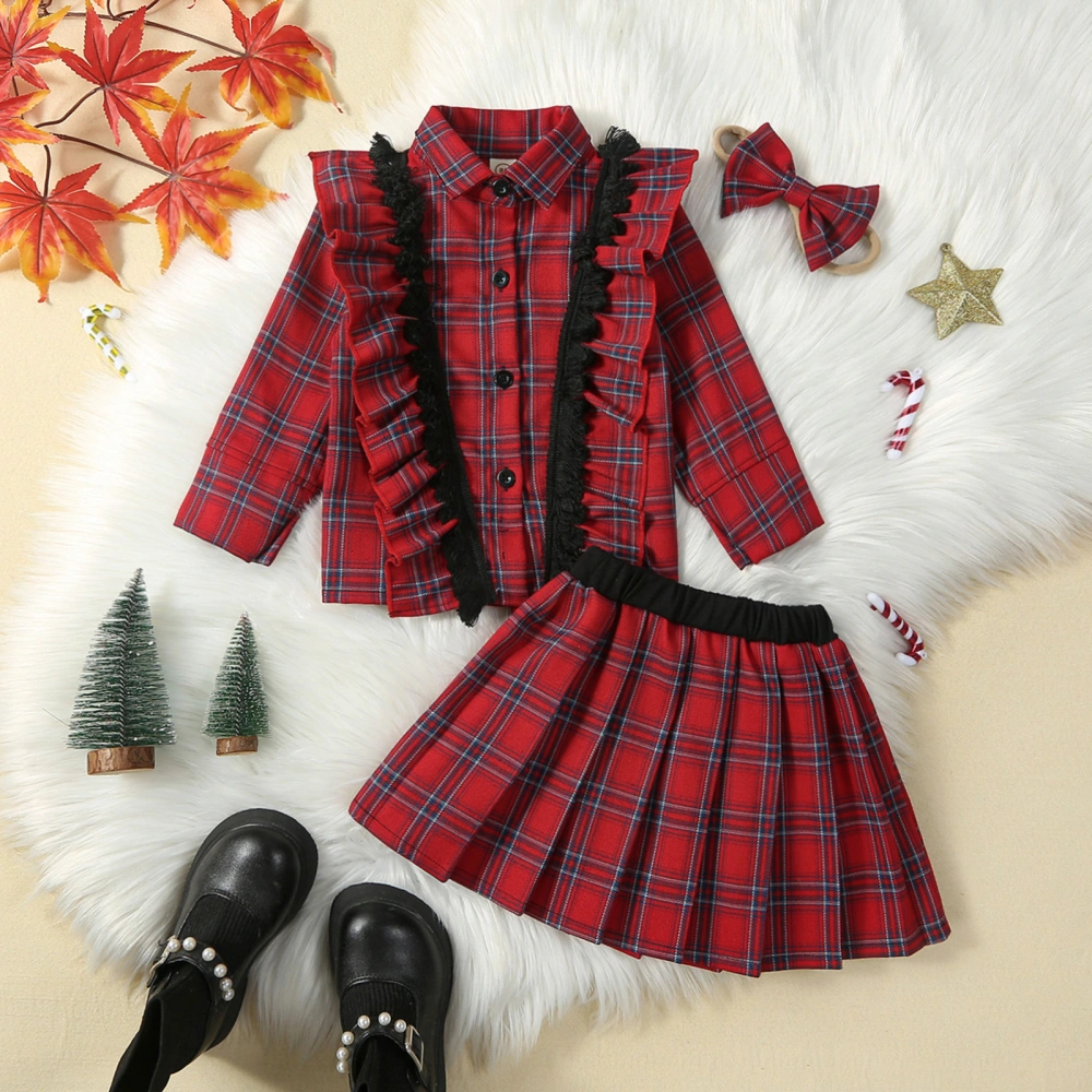 Kid Girl Fall 3Pcs Outfit Plaid Print Ruffled Long Sleeve Lapel Shirt Tops A-Line Skirt Bow Headband Set Clothes