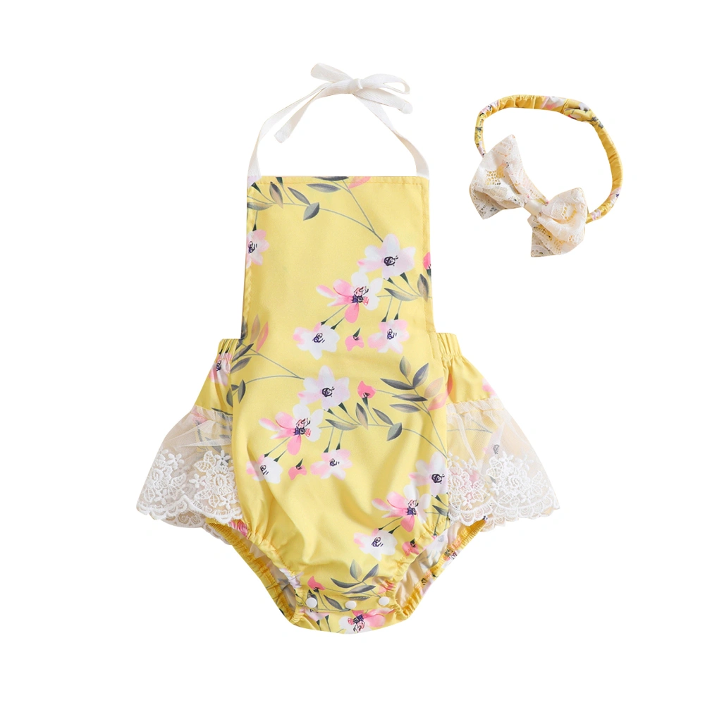 Baby Girl Summer Outfits, Sleeveless Halter Floral Print Romper with Headband Set 2Pcs Clothes